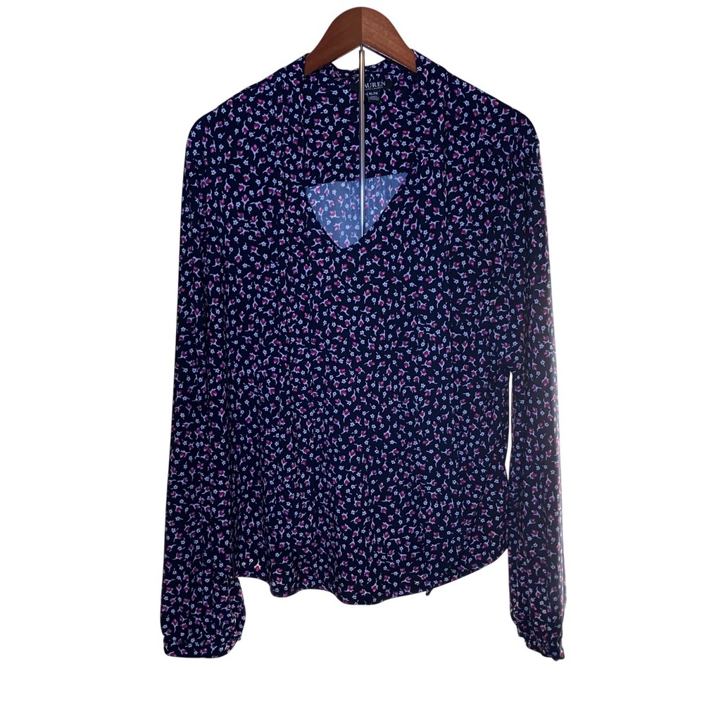 Lauren Ralph Lauren Women's Size XL Blouse Navy Blue Pink Floral Tie Neck